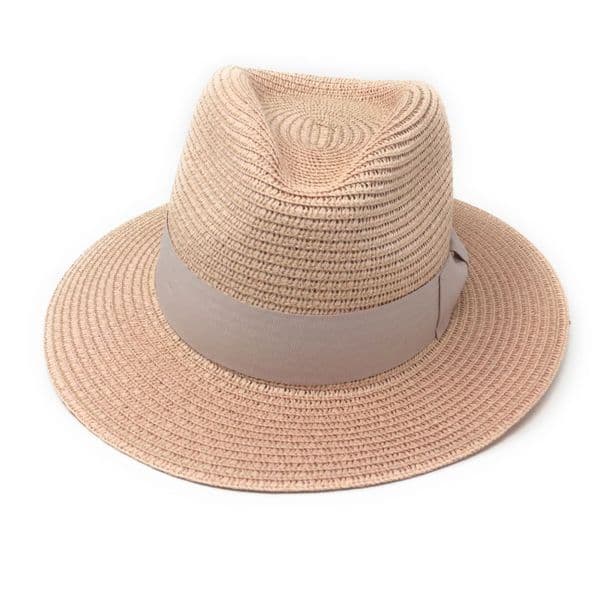 Straw Fedora Summer Packable Hat - Pink