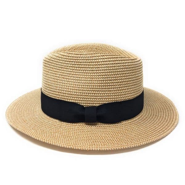 Straw Fedora Summer Packable Hat - Wheat with Black Band