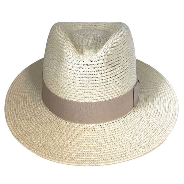 Straw Summer Packable Fedora Hat - Cream with Beige Band