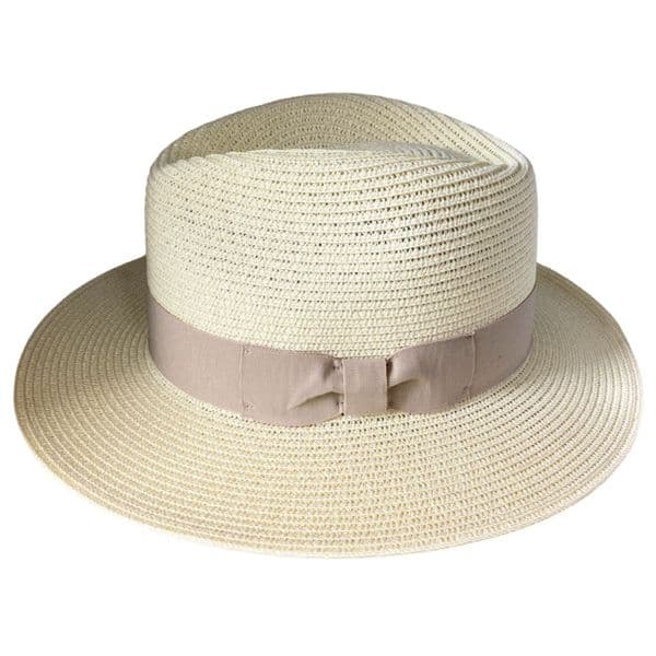 Straw Summer Packable Fedora Hat - Cream with Beige Band