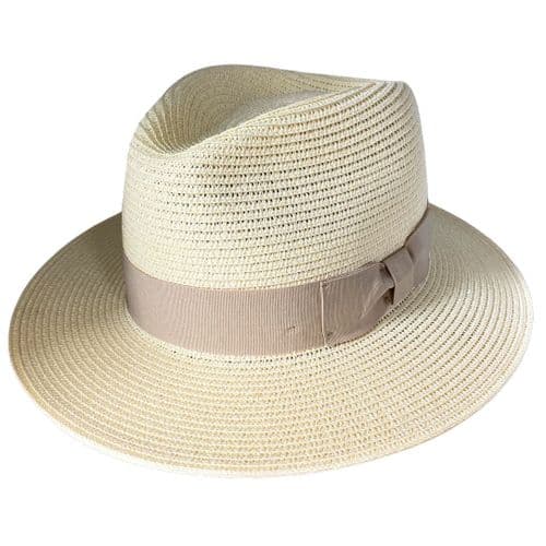 Straw Summer Packable Fedora Hat - Cream with Beige Band