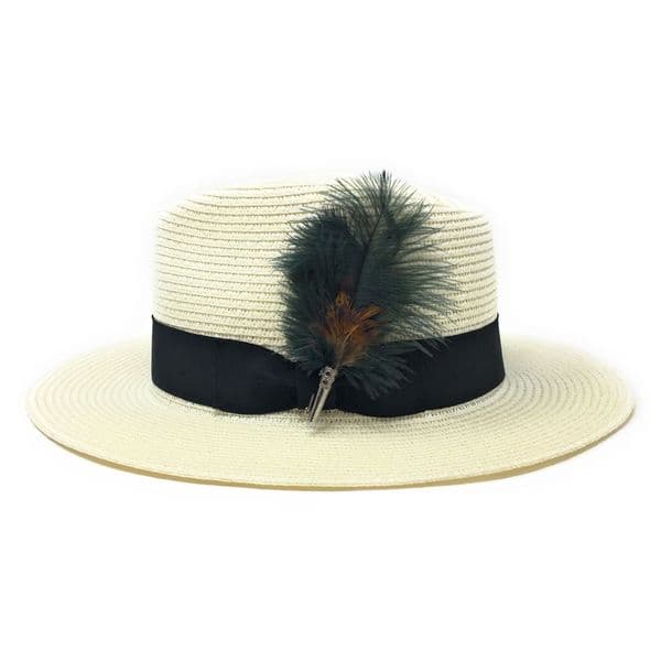 Summer Fedora Hat with Removable Green Feather Brooch - Cream - Sherston