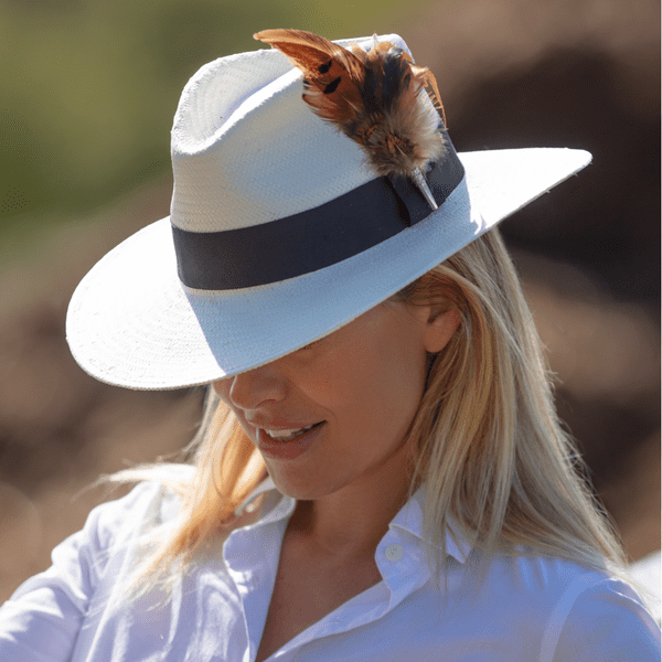 Summer Fedora Straw Hat with Wide Brim and Country Feather Brooch - Cream - Frampton