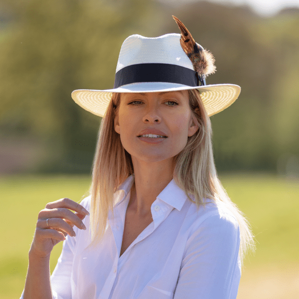 Summer Fedora Straw Hat with Wide Brim and Country Feather Brooch - Cream - Frampton