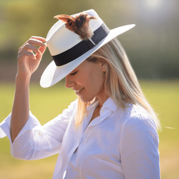 Summer Fedora Straw Hat with Wide Brim and Country Feather Brooch - Cream - Frampton