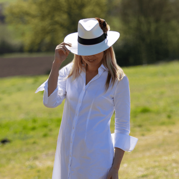 Summer Fedora Straw Hat with Wide Brim and Country Feather Brooch - Cream - Frampton