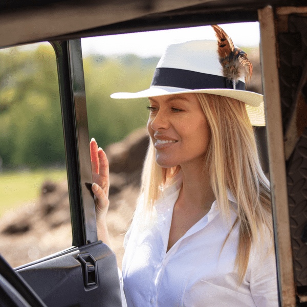 Summer Fedora Straw Hat with Wide Brim and Country Feather Brooch - Cream - Frampton
