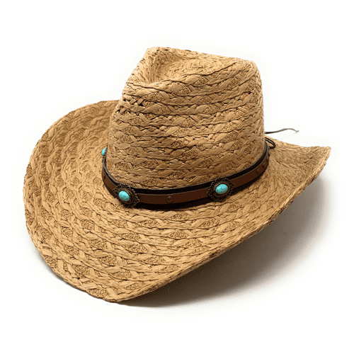 Summer Straw Cowboy Hat - Beige with Turquoise Sea Stone Hat Band