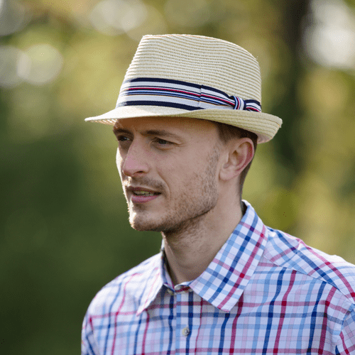 Summer Straw Packable Trilby Hat - Striped Band - Beige