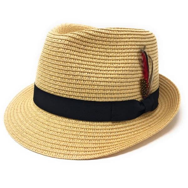 Summer Straw Packable Trilby Hat with Removable Feather - Beige