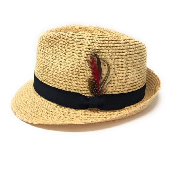 Summer Straw Packable Trilby Hat with Removable Feather - Beige
