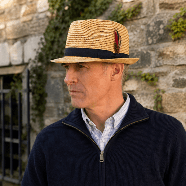 Summer Straw Packable Trilby Hat with Removable Feather - Beige