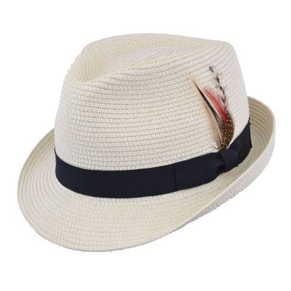 Summer Straw Packable Trilby Hat with Removable Feather - Cream