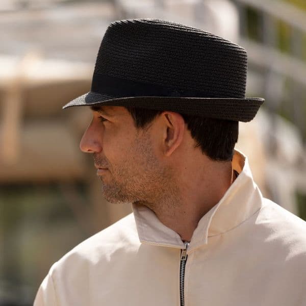 Summer Straw Trilby Hat - Packable - Black