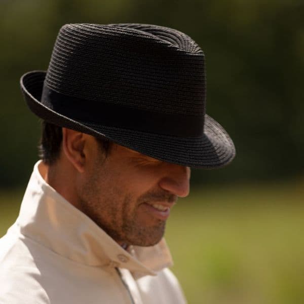 Summer Straw Trilby Hat - Packable - Black