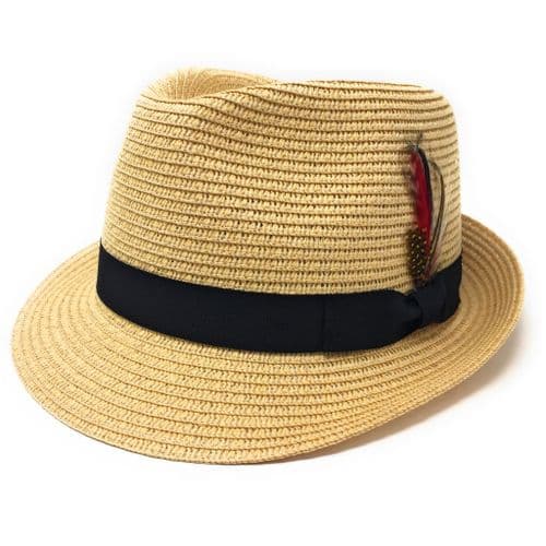 Summer Straw Trilby Hat with Removable Feather - Beige