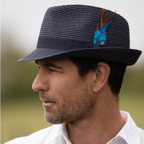 Summer Straw Trilby Hat with Removable Feather - Navy Blue
