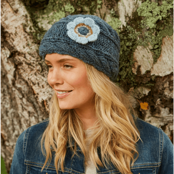 Teal Blue Wool Beanie Hat with Crochet Flower - Sorrento