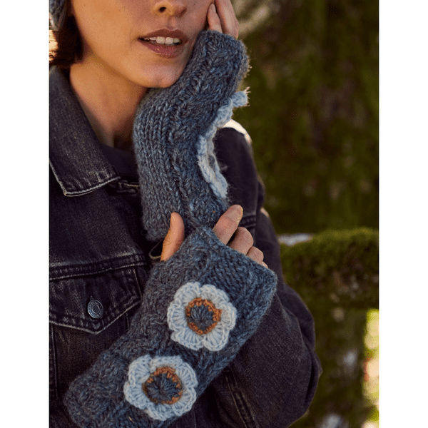 Teal Blue Wool Handwarmers with Crochet Flowers - Sorrento