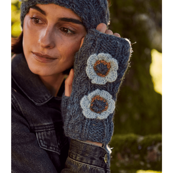 Teal Blue Wool Handwarmers with Crochet Flowers - Sorrento