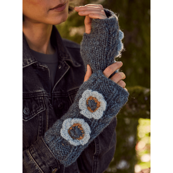 Teal Blue Wool Handwarmers with Crochet Flowers - Sorrento