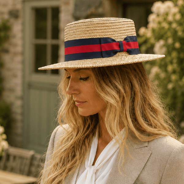 Traditional Wheat Straw Boater Hat with Navy & Burgundy Band