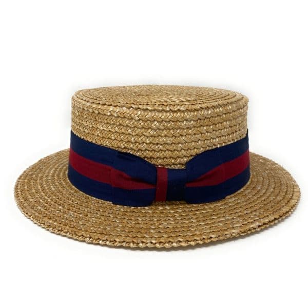 Traditional Wheat Straw Boater Hat with Navy/Burgundy Band