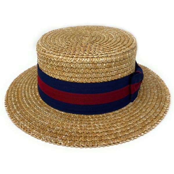 Traditional Wheat Straw Boater Hat with Navy/Burgundy Band