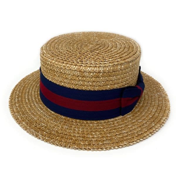 Traditional Wheat Straw Boater Hat with Navy & Burgundy Band