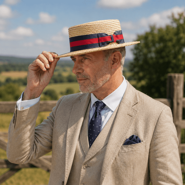 Traditional Wheat Straw Boater Hat with Navy & Burgundy Band