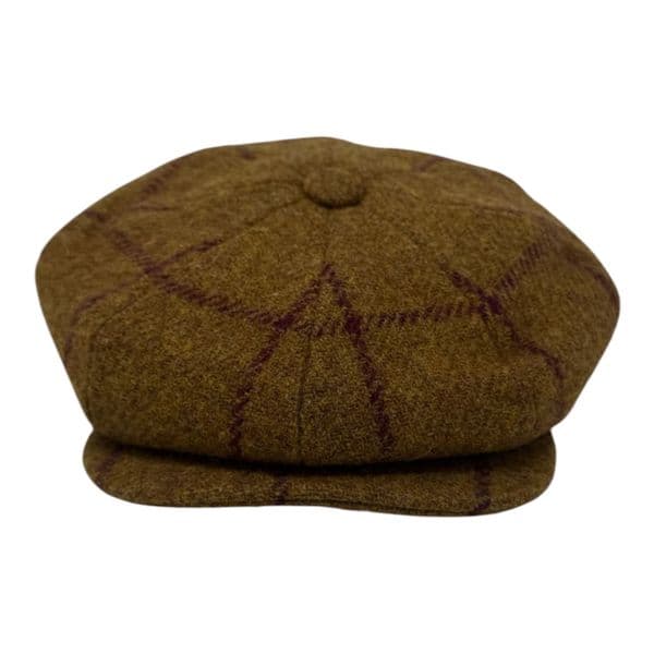 Tweed Wool 8 piece Bakerboy Newsboy Cap - Golden Brown, Burgundy Check