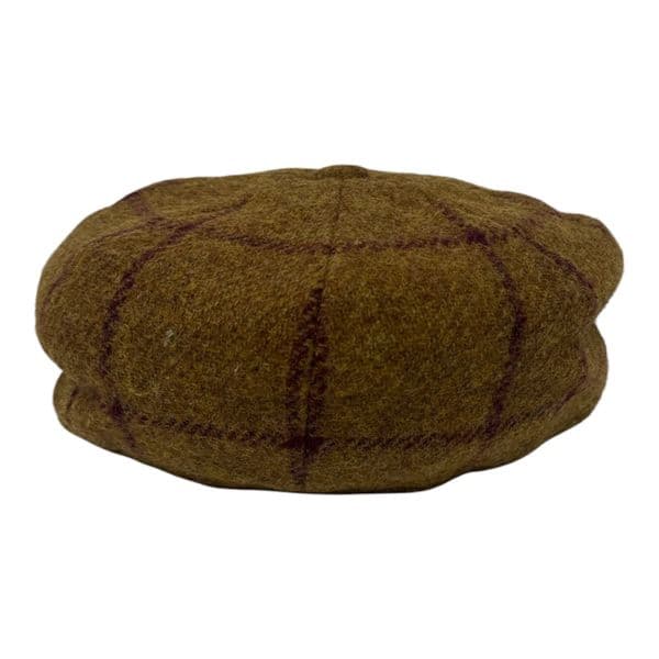 Tweed Wool 8 piece Bakerboy Newsboy Cap - Golden Brown, Burgundy Check