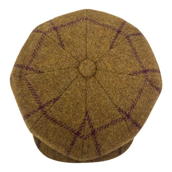 Tweed Wool 8 piece Bakerboy Newsboy Cap - Golden Brown, Burgundy Check