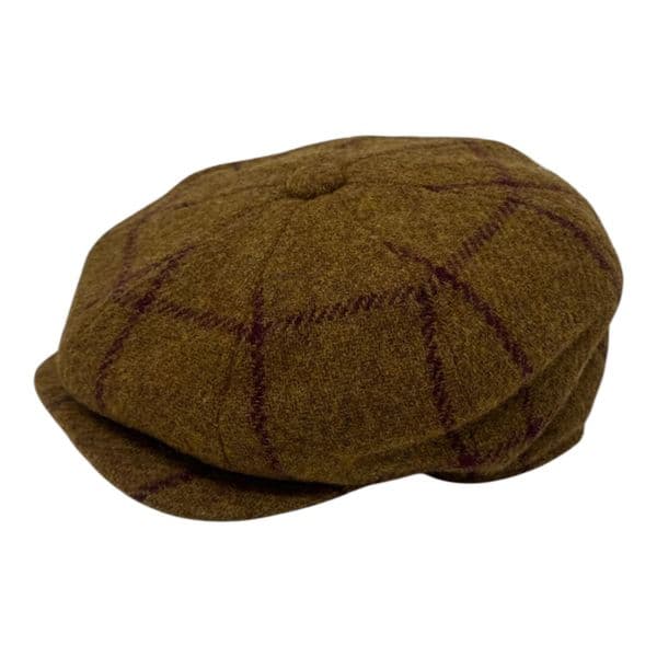 Tweed Wool 8 piece Bakerboy Newsboy Cap - Golden Brown, Burgundy Check
