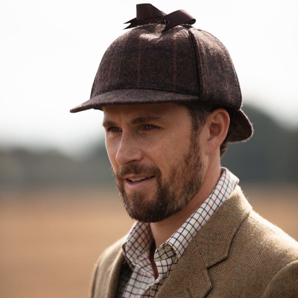 thumbnail interactive-video image 1 of 100% Wool Country Tweed Sherlock Holmes Deerstalker Hat - Hunting Drop Ears Cap GR109 For Men 1 of 3