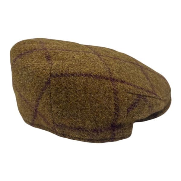 Tweed Wool Flat Cap - Golden Brown, Burgundy Check