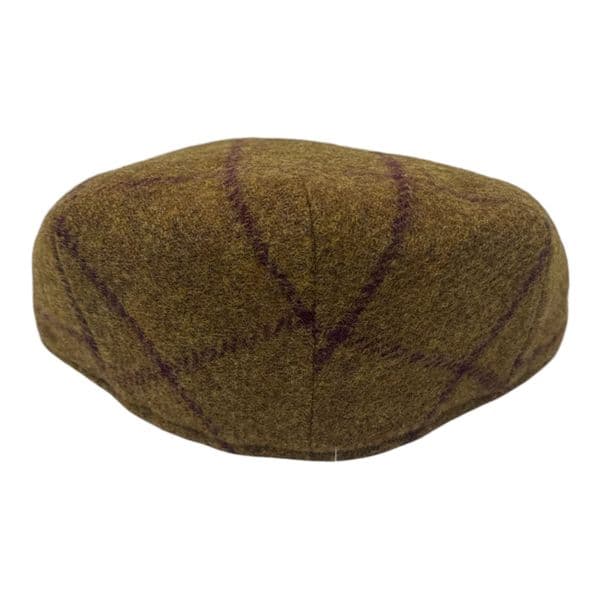 Tweed Wool Flat Cap - Golden Brown, Burgundy Check
