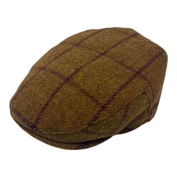 Tweed Wool Flat Cap - Golden Brown, Burgundy Check