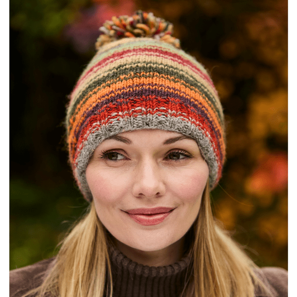 Vermont Wool Stripe Bobble Beanie - Forehead Lined
