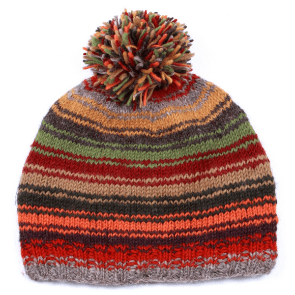Vermont Wool Stripe Bobble Beanie - Forehead Lined