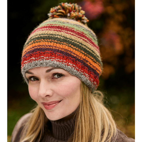 Vermont Wool Stripe Bobble Beanie - Forehead Lined