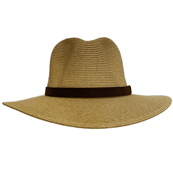 Wide Brim Summer Sun Fedora Hat with Leather Band - Golden Beige