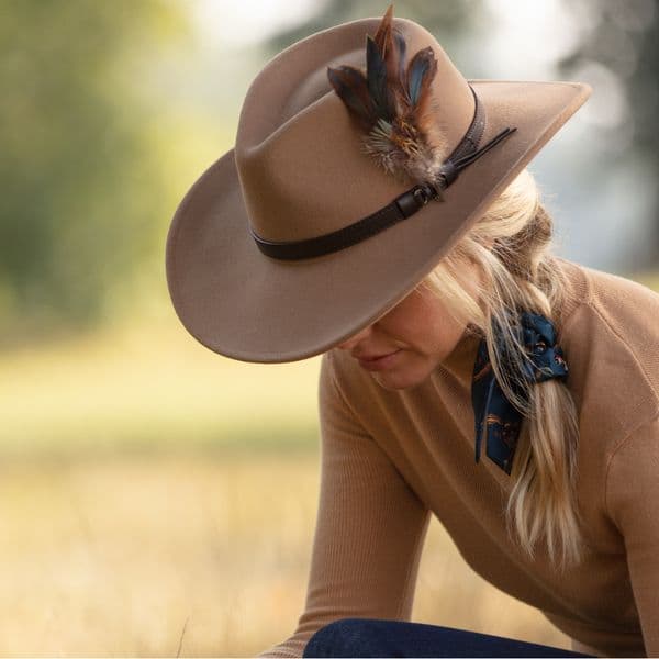 Wide Brimmed Cowboy Safari Fedora Hat with Removable Country Feather Brooch - Farmington