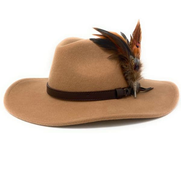 Wide Brimmed Cowboy Safari Fedora Hat with Removable Country Feather Brooch - Farmington