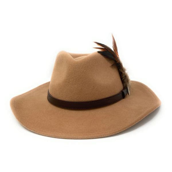 Wide Brimmed Cowboy Safari Fedora Hat with Removable Country Feather Brooch - Farmington