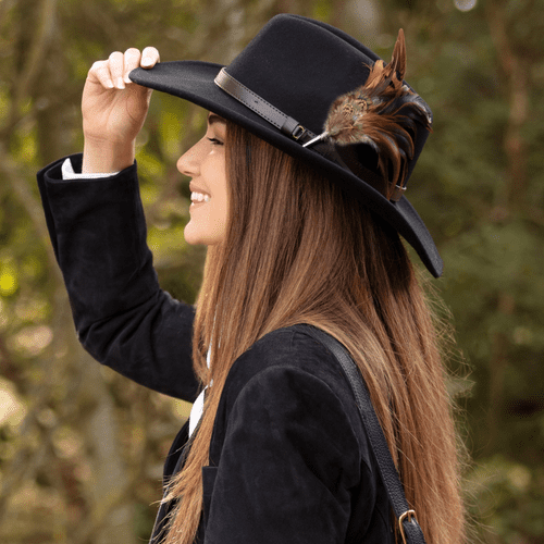 Wide Brimmed Fedora Hat with Removable Country Feather Brooch - Black Farmington