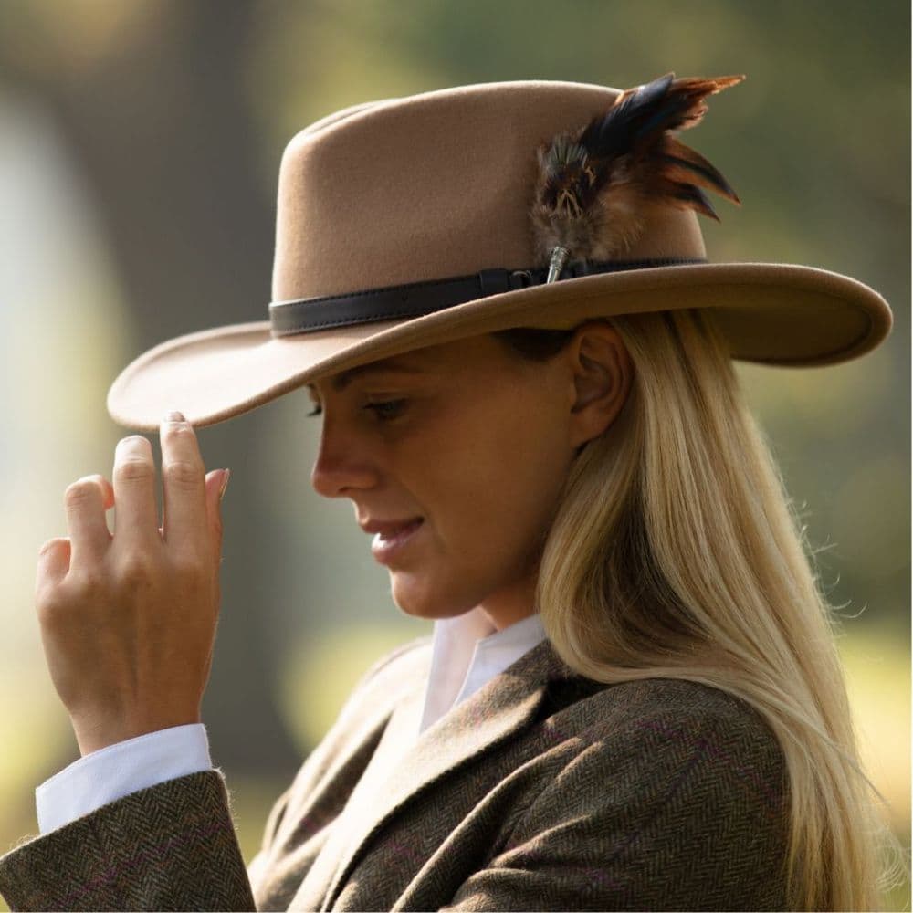 Wide Brimmed Fedora Hat with Removable Country Feather Brooch - Farmington