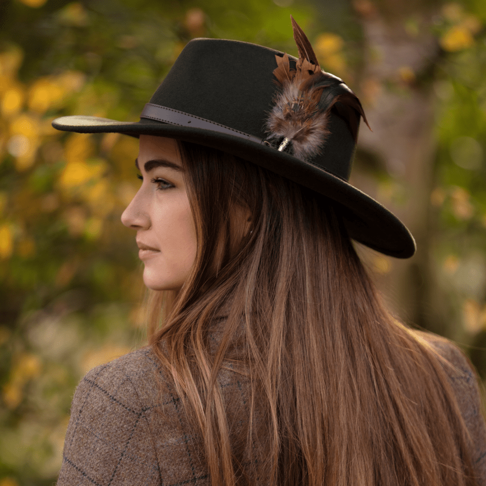 Wide Brimmed Fedora Hat with Removable Country Feather Brooch - Green Farmington