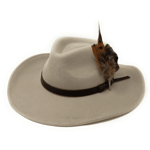 Wide Brimmed Fedora Hat with Removable Country Feather Brooch - Sand Farmington