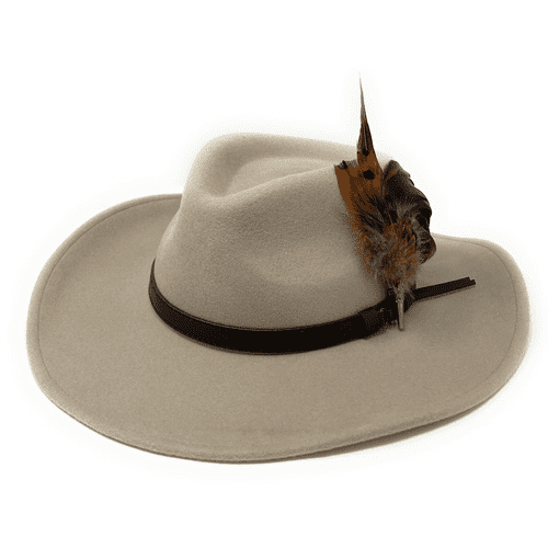 Wide Brimmed Fedora Hat with Removable Country Feather Brooch - Sand Farmington